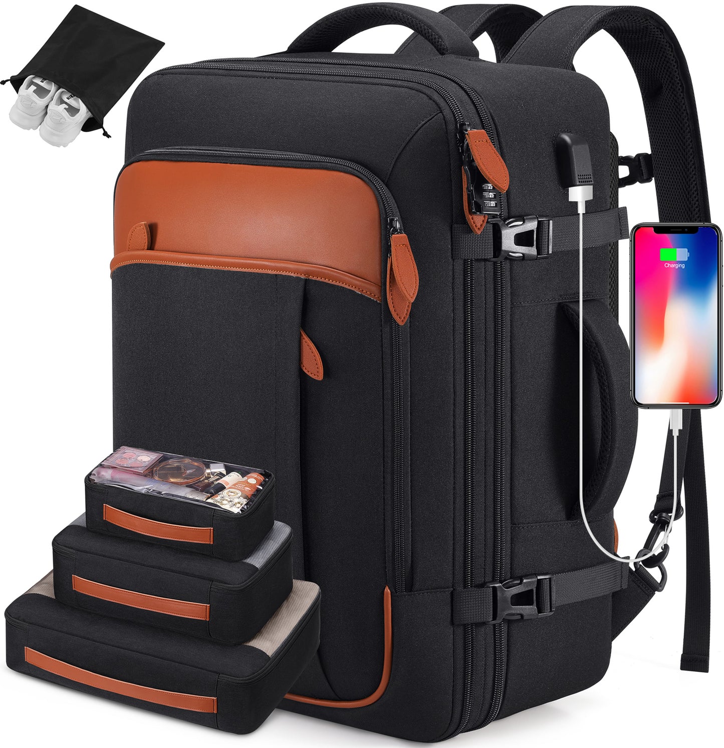 Travel Backpack, 17Inch Laptop Backpack, Carry-on Approved Bag for Men & Women, Waterproof Luggage with Packing Cubes, Shoe Pocket, Personal Item Size for Flights