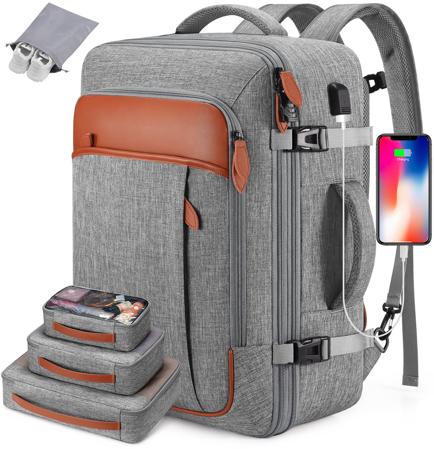 Travel Backpack, 17Inch Laptop Backpack, Carry-on Approved Bag for Men & Women, Waterproof Luggage with Packing Cubes, Shoe Pocket, Personal Item Size for Flights