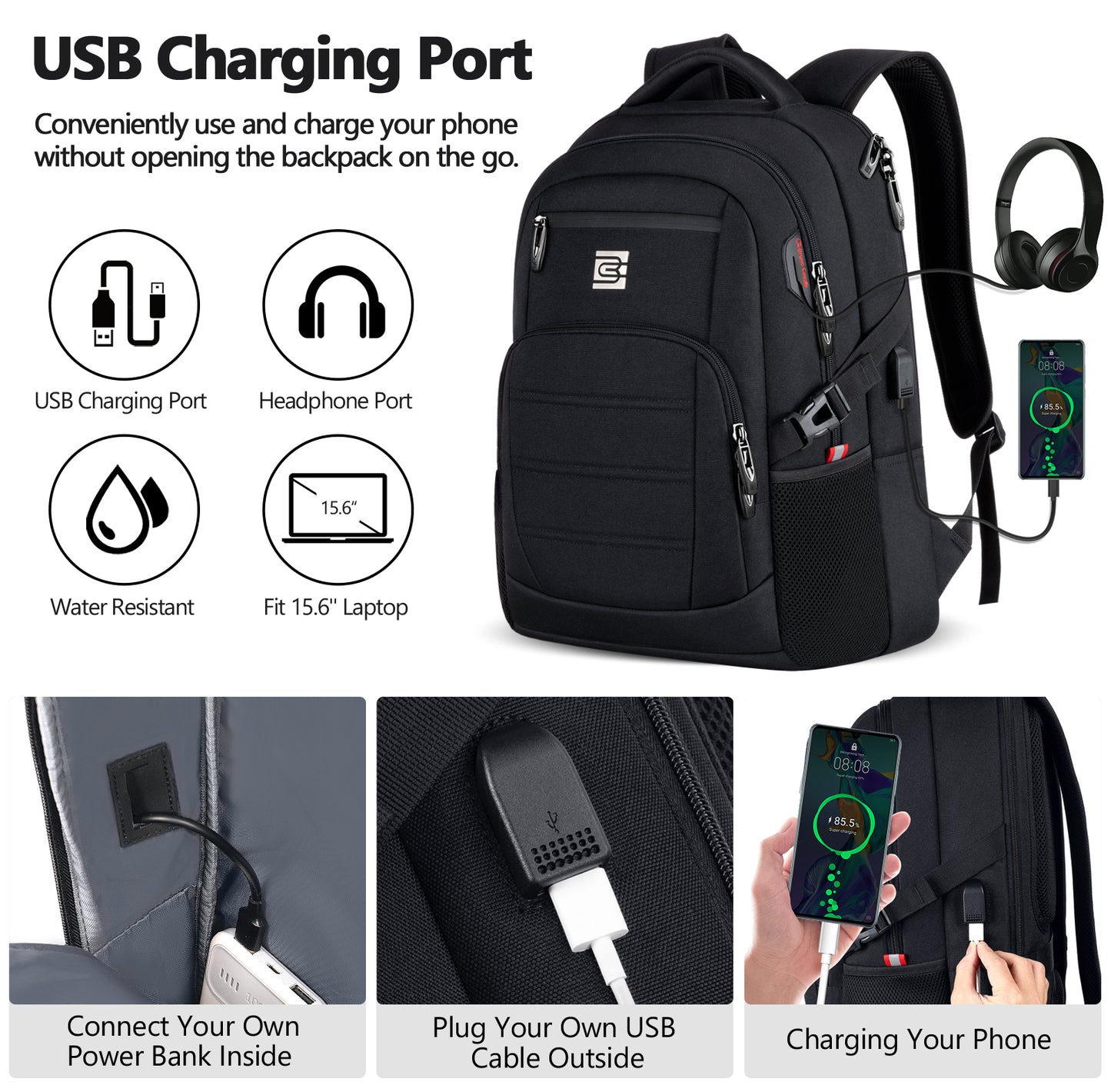 UKEIN Laptop Backpack with USB Charging Port Water Resistant Travel Work Business Laptop Backpack for Men