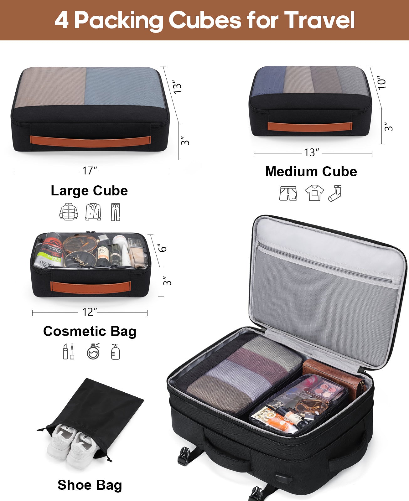 Travel Backpack, 17Inch Laptop Backpack, Carry-on Approved Bag for Men & Women, Waterproof Luggage with Packing Cubes, Shoe Pocket, Personal Item Size for Flights