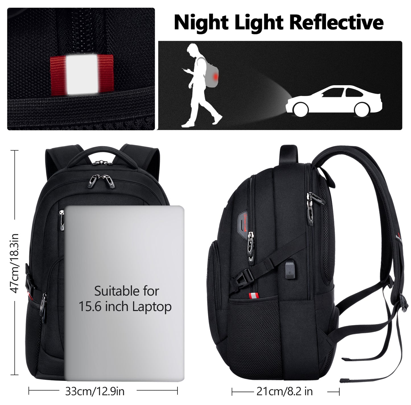 UKEIN Travel Laptop Backpack with USB Charging Port Water Resistant Laptop Backpack Work Business College Computer Backpack Black Laptop Backpack for Men & Women