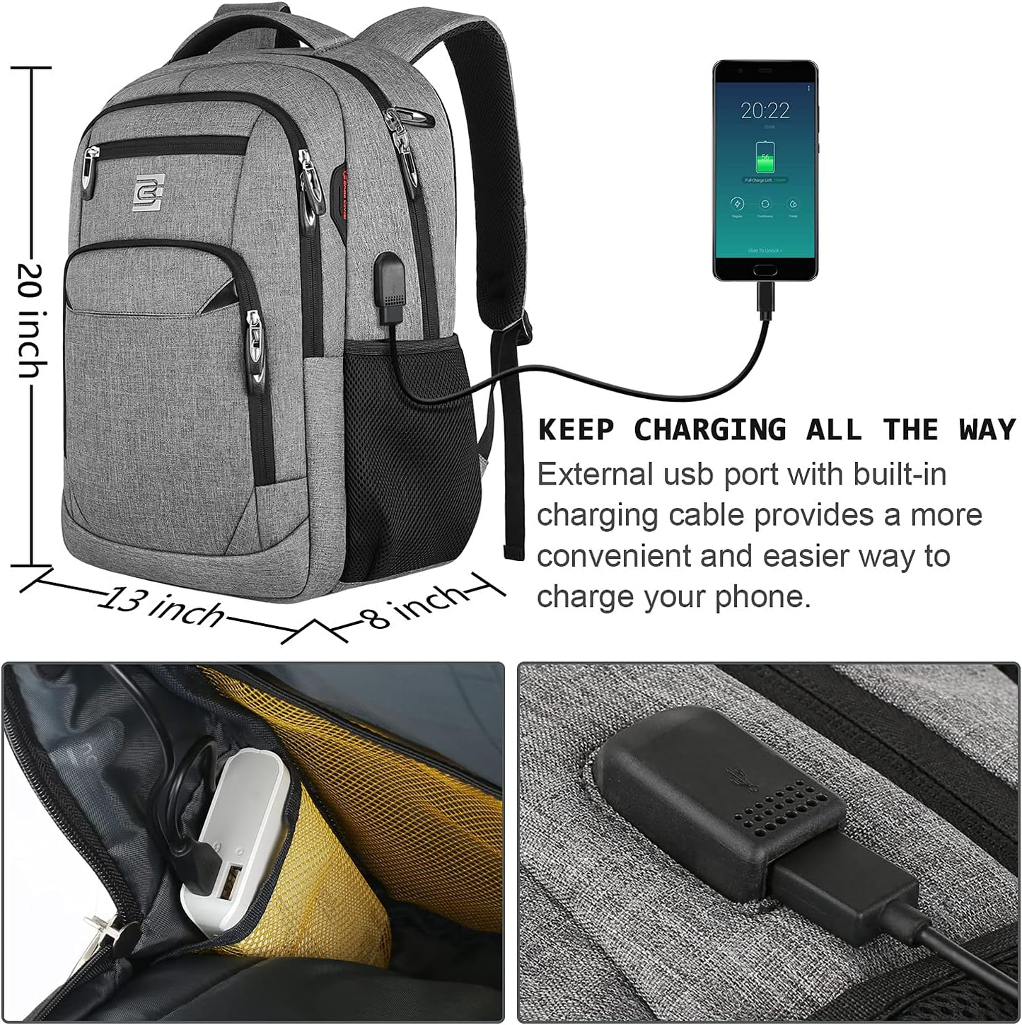 UKEIN Gray Laptop Backpack Computer Business Backpack for Adult Water Resistant Anti-Theft Laptop Backpack for Men