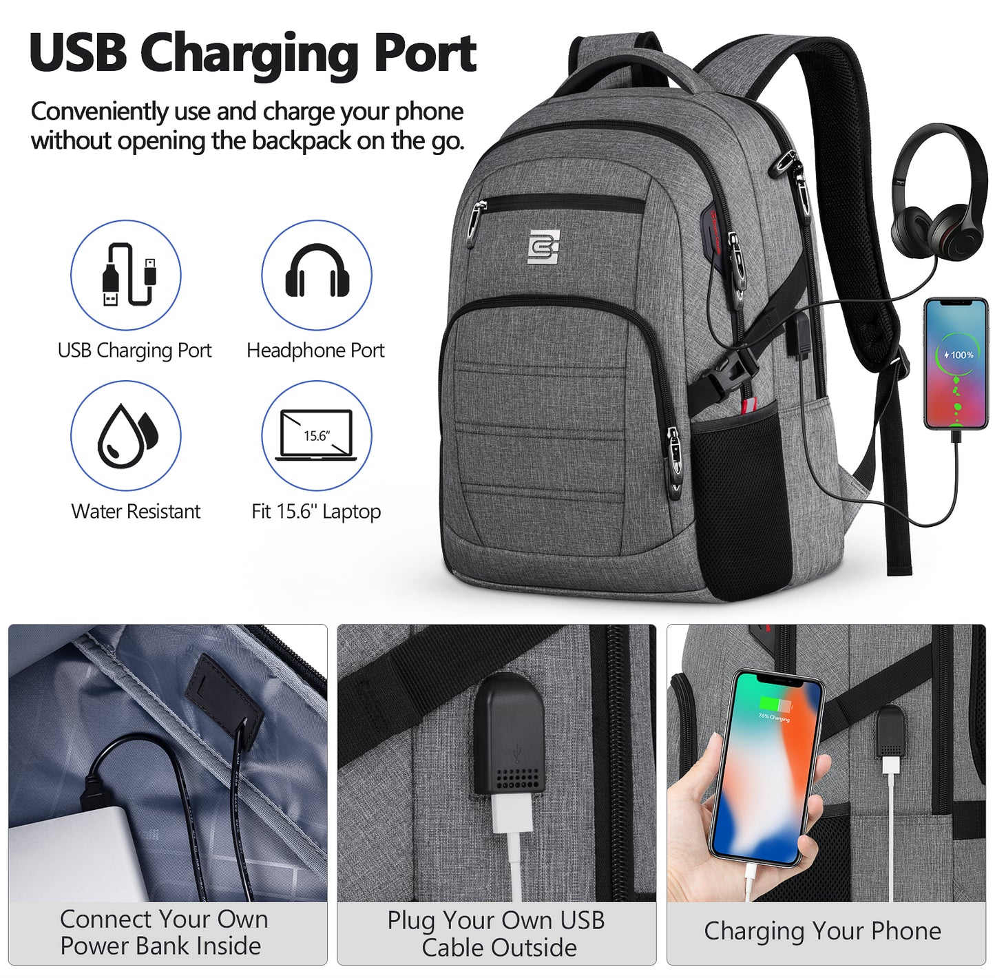 UKEIN Laptop Backpack with USB Charging Port Water Resistant Backpacks for Adults Work Business Laptop Backpack for Men