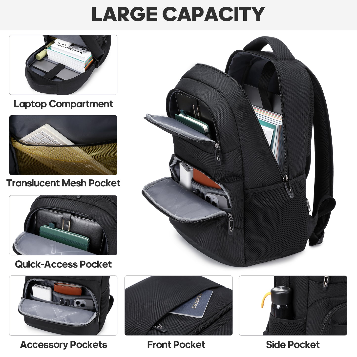 UKEIN Laptop Backpack Water Resistant Backpacks for Adults Anti Theft Business Backpacks with Laptop Compartment Bookbag for Men - Black