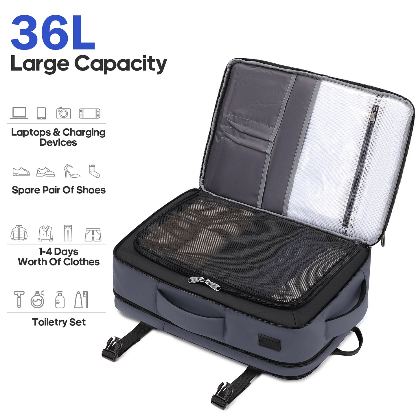 UKEIN Travel Backpack for Adults with USB Charging Port 36L Expandable Carry On Backpack Water-resistant Business Travel Backpack for Men