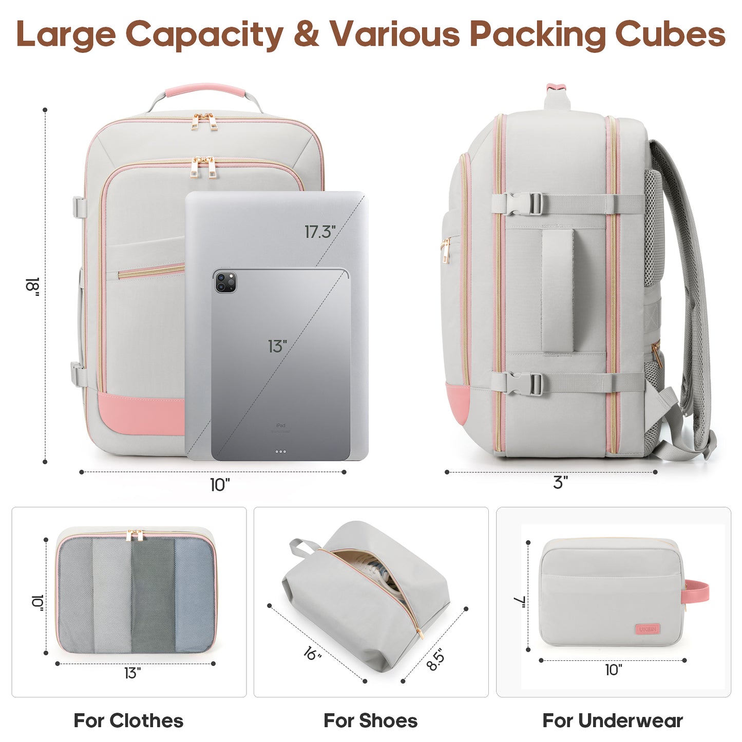 UKEIN Travel Backpack for Women Carry On Backpack Flight Approved 40L Personal Item Backpack Water Proof Backpack with Packing Cubes and Shoe Pocket