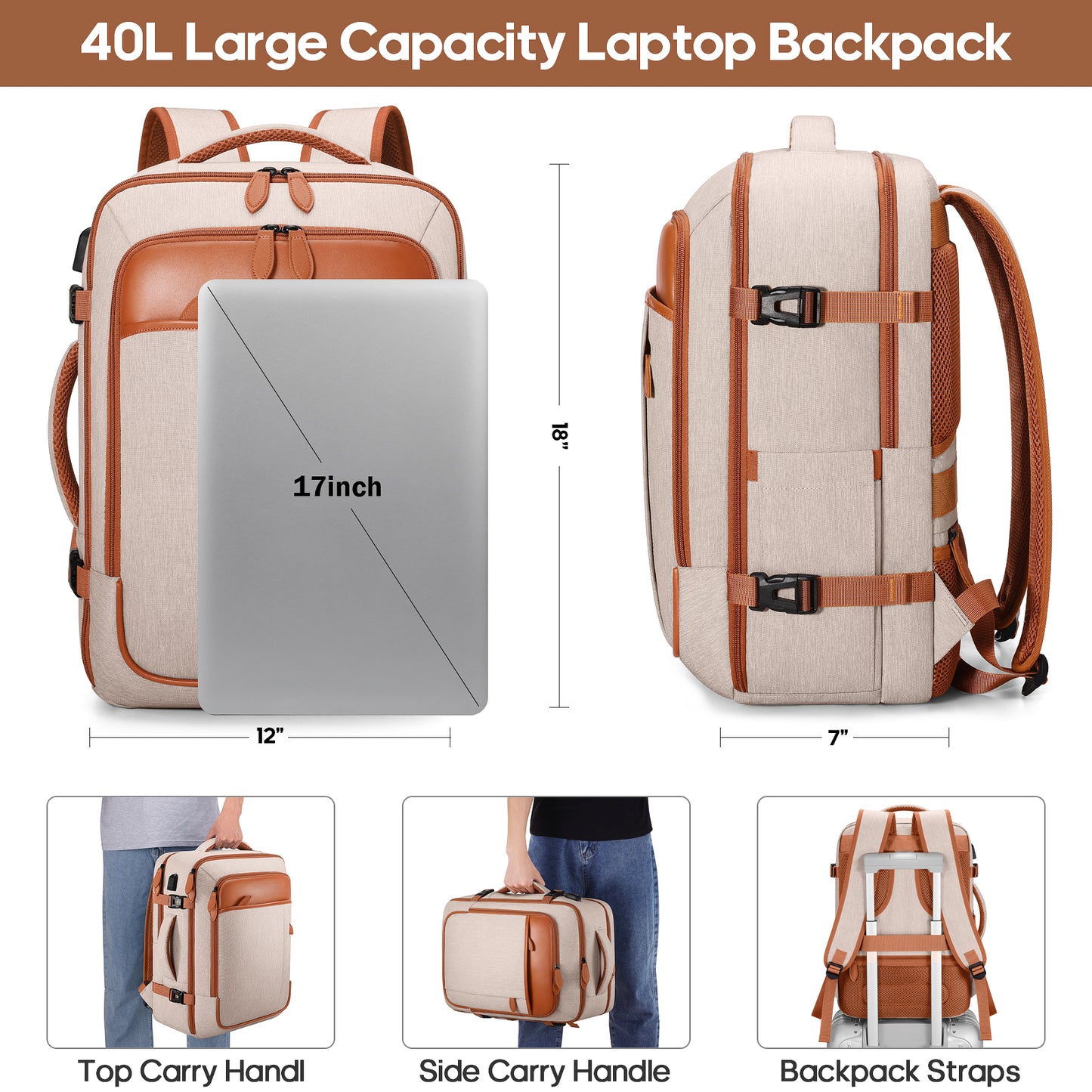 UKEIN Travel Backpack for Women Carry On Backpack Flight Approved 40L Waterproof Anti-Theft Personal Item Backpack with Packing Cubes and Shoe Pocket