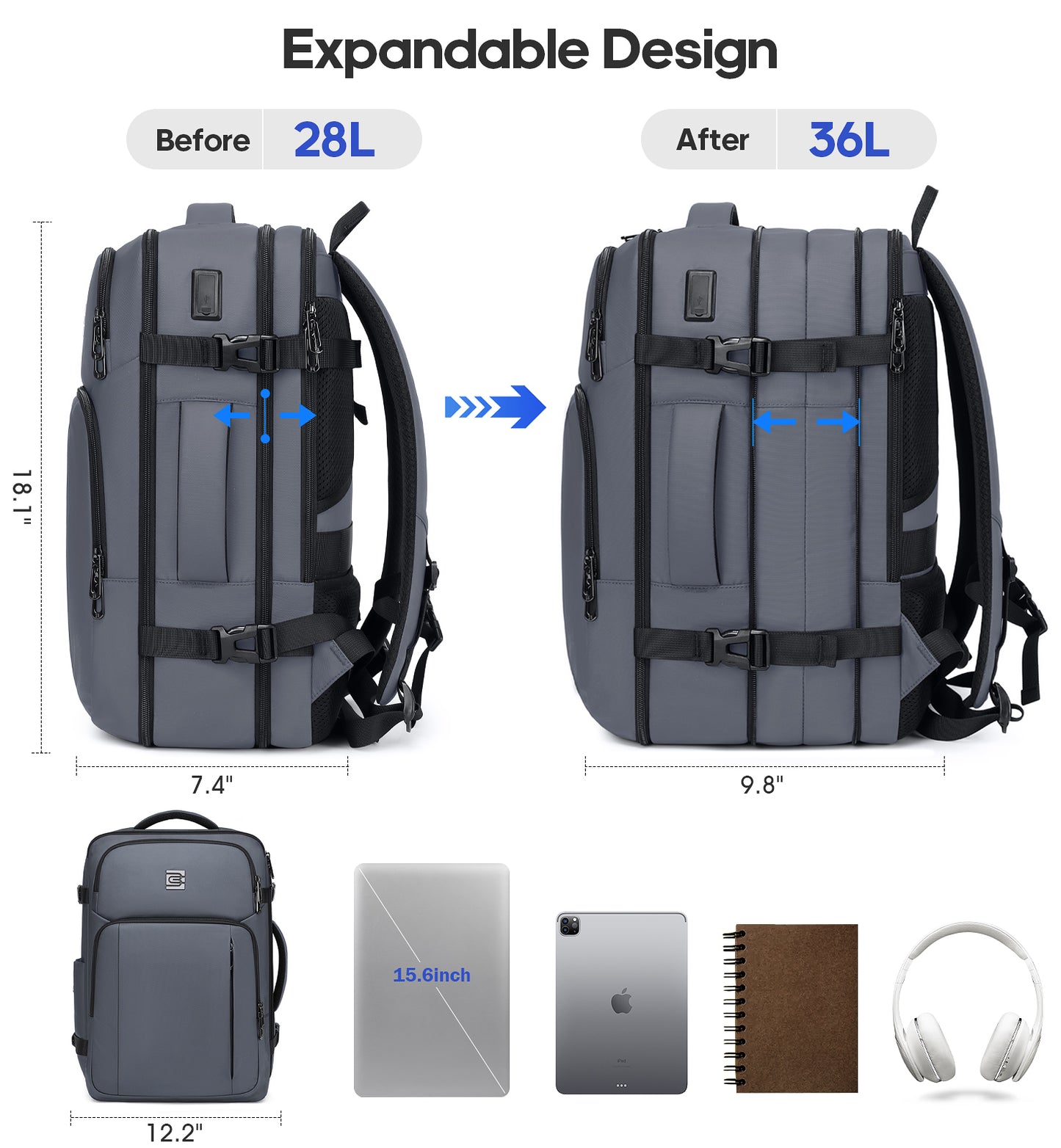 UKEIN Travel Backpack for Adults with USB Charging Port 36L Expandable Carry On Backpack Water-resistant Business Travel Backpack for Men