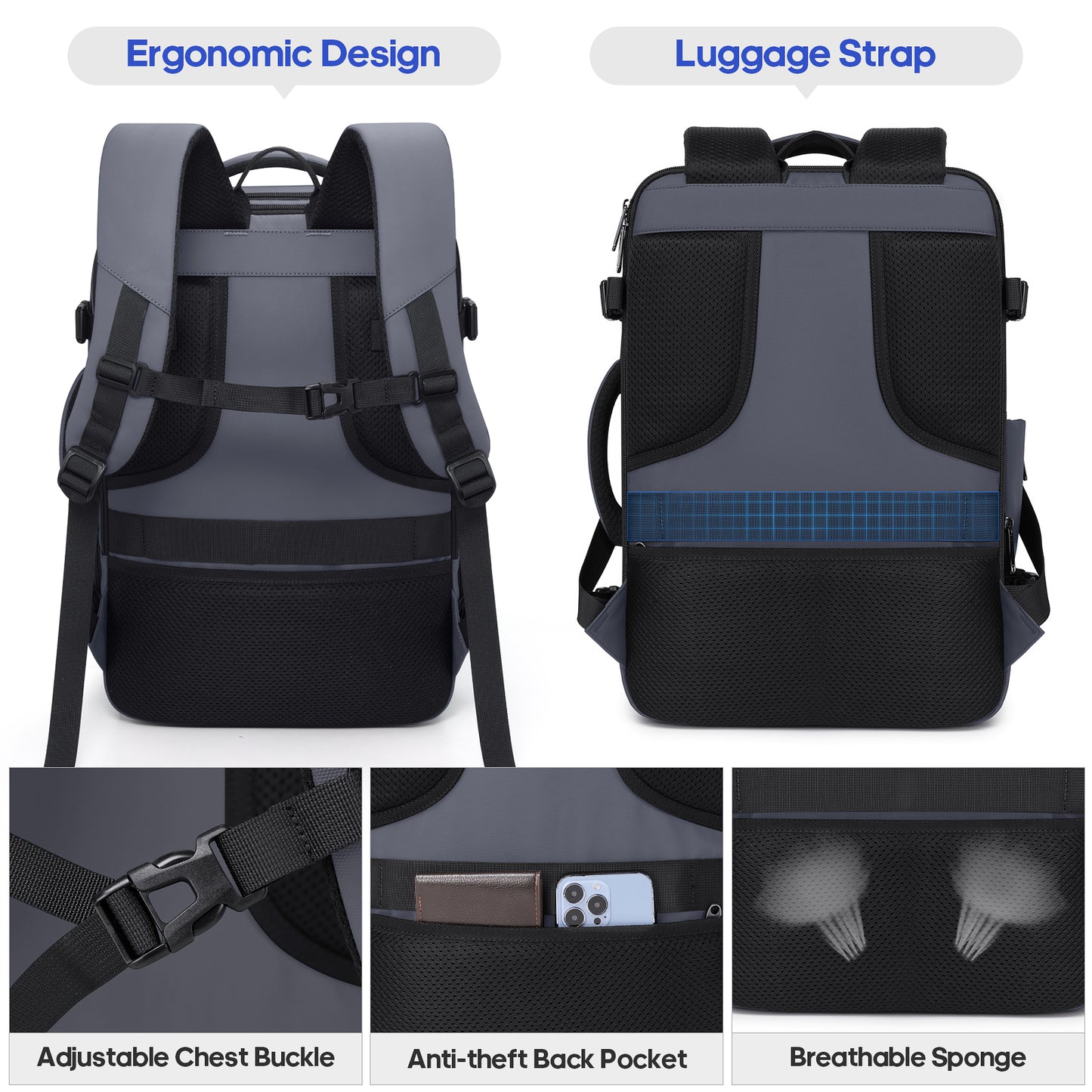 UKEIN Travel Backpack for Adults with USB Charging Port 36L Expandable Carry On Backpack Water-resistant Business Travel Backpack for Men
