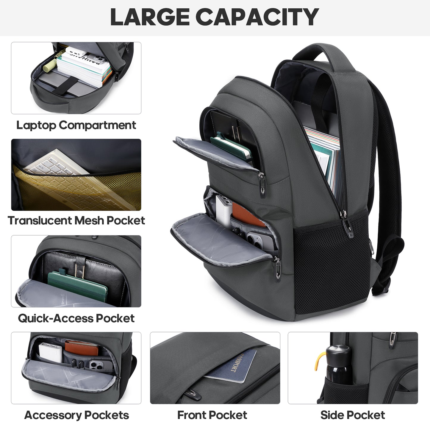UKEIN Laptop Backpack Water Resistant Backpacks for Adults Anti Theft Business Backpacks with Laptop Compartment Bookbag for Men - Gray