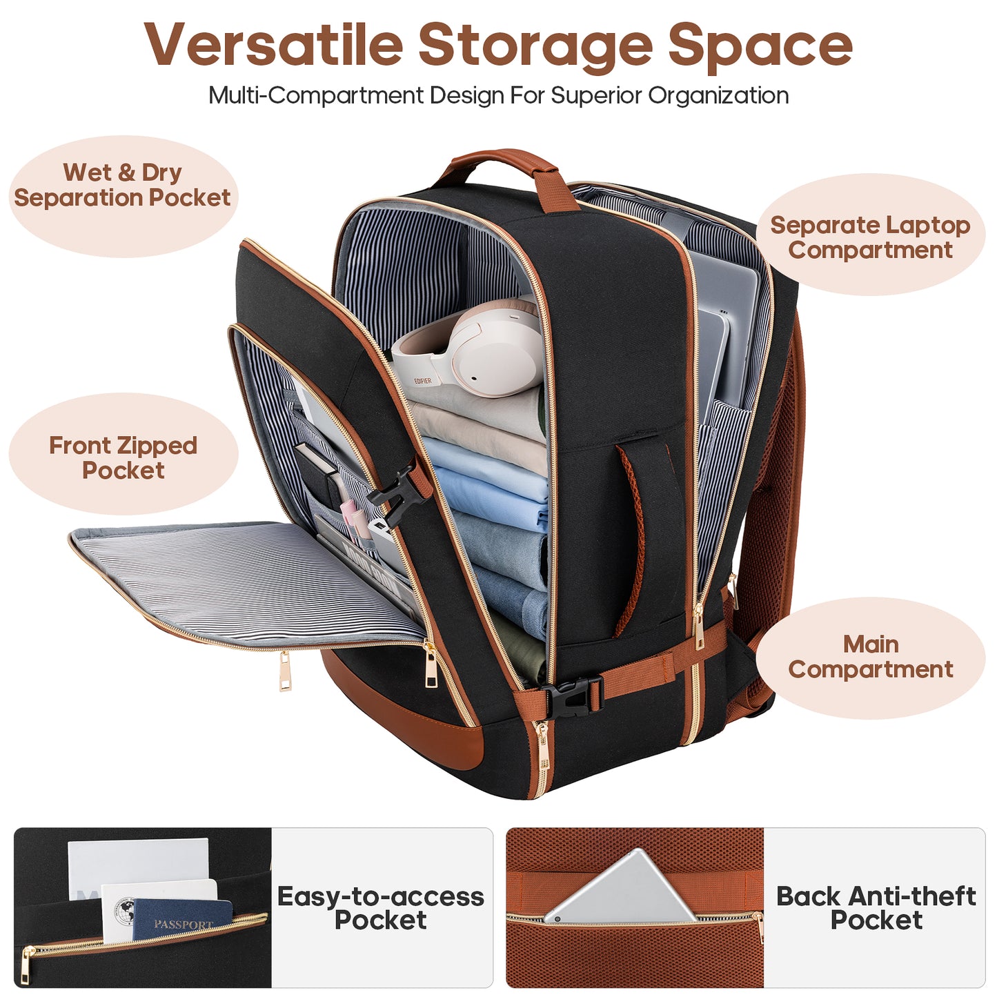 UKEIN Travel Backpack for Women Carry On Backpack Flight Approved 40L Personal Item Backpack Water Proof Backpack with Packing Cubes and Shoe Pocket