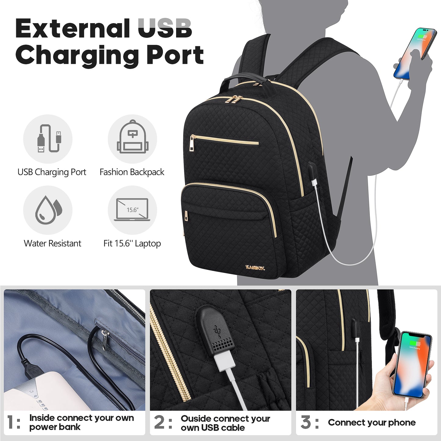 Backpack for Women, Waterproof Stylish Daypack Backpack Purse Shoulder Bag with USB Charging Port, Lightweight Casual Daily Travel Backpack for Work School