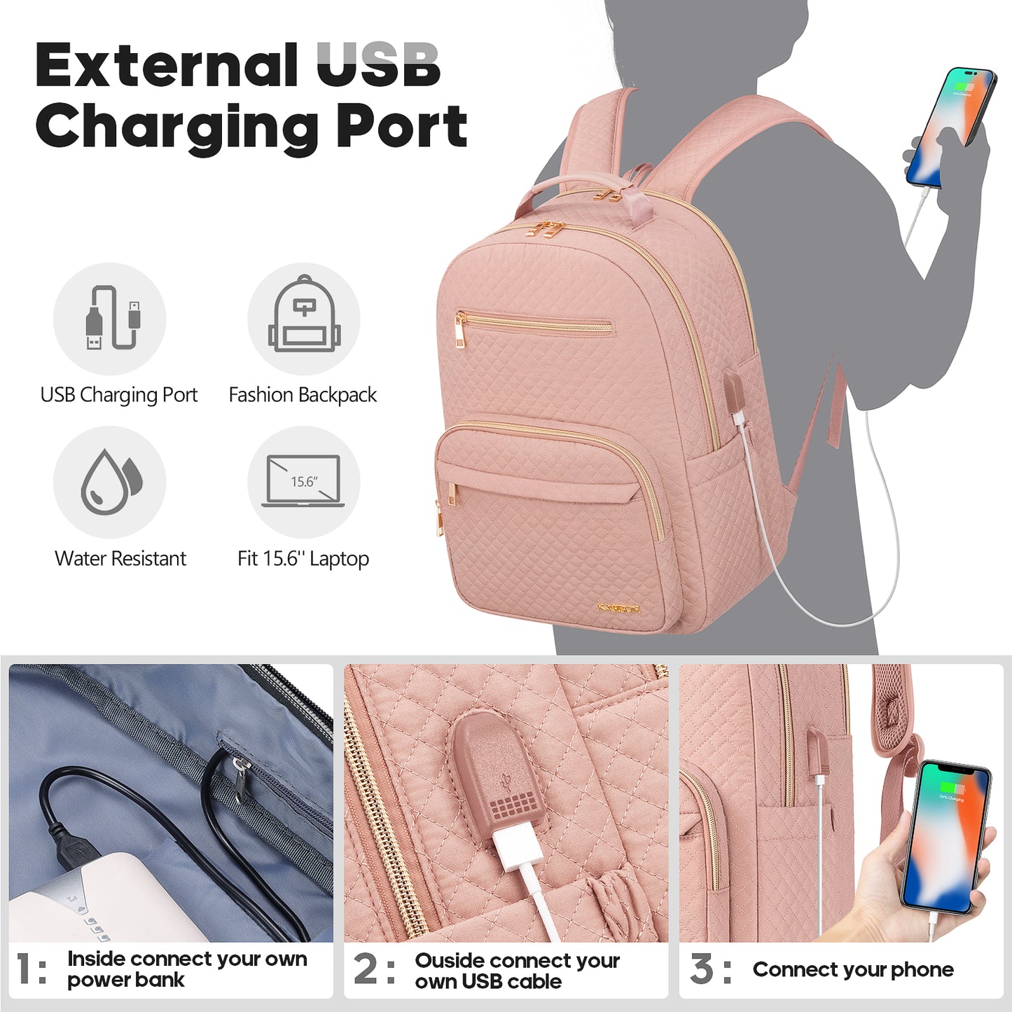 Backpack for Women, Waterproof Stylish Daypack Backpack Purse Shoulder Bag with USB Charging Port, Lightweight Casual Daily Travel Backpack for Work School