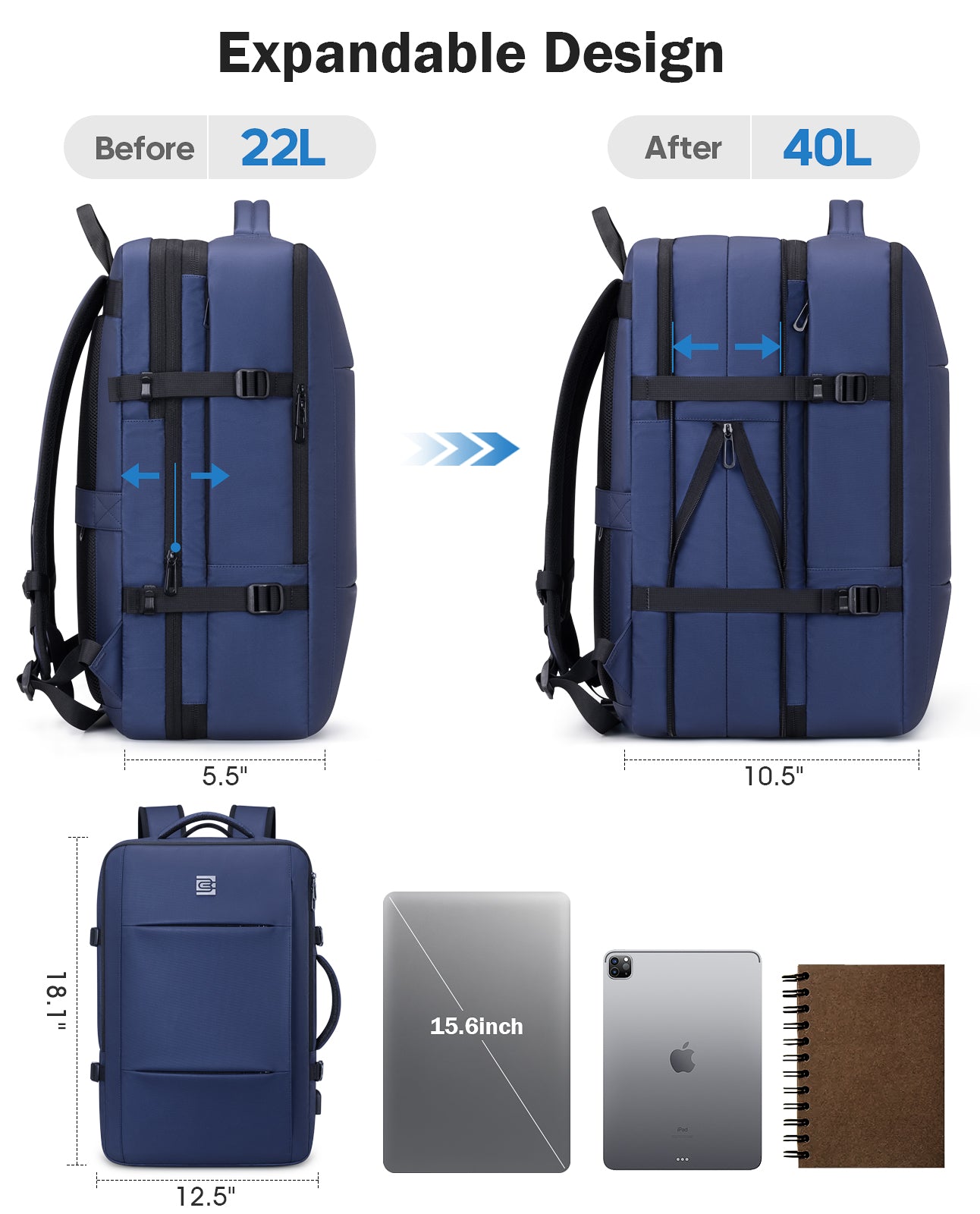 UKEIN 40L Travel Laptop Backpack Expandable Water-resistant 17 Inch Laptop Backpack with USB Charging Port Work Business College Computer Backpack Navy Blue Laptop Backpack for Men & Women