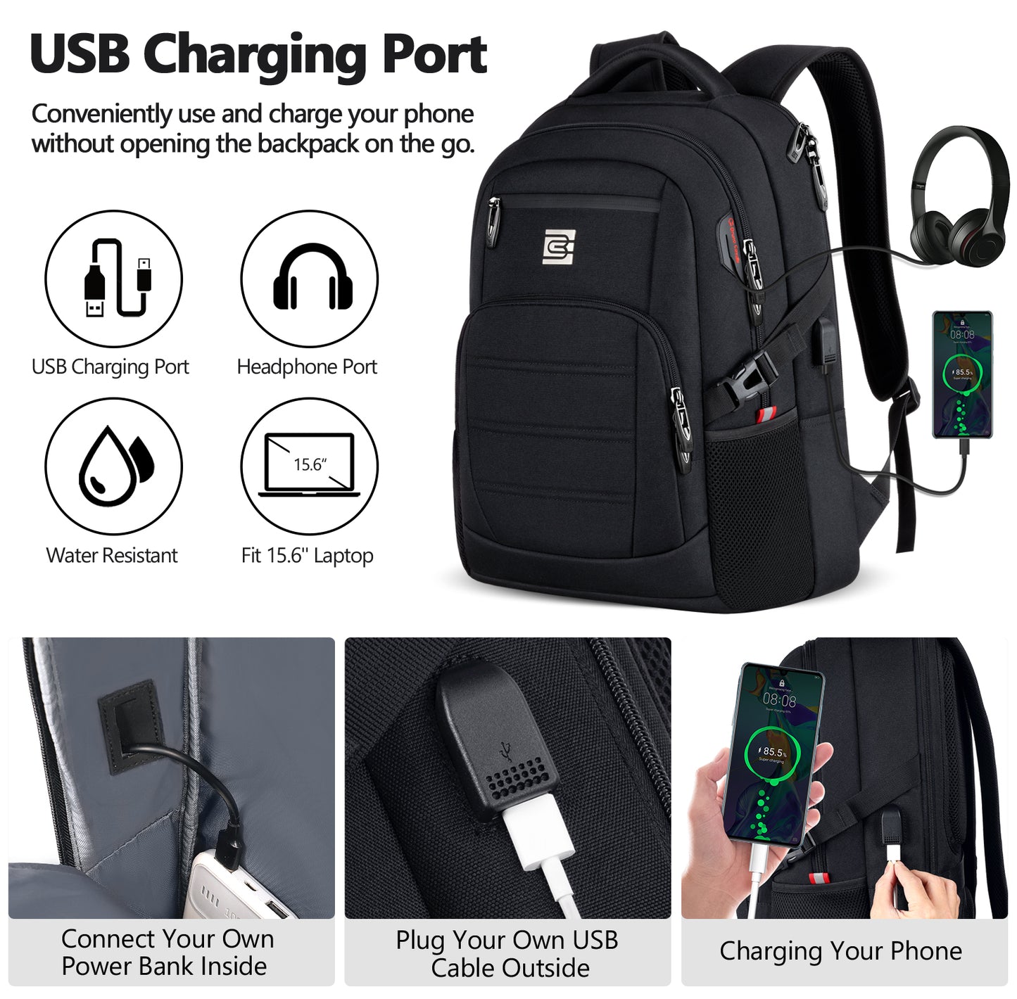 UKEIN Travel Laptop Backpack with USB Charging Port Water Resistant Laptop Backpack Work Business College Computer Backpack Black Laptop Backpack for Men & Women