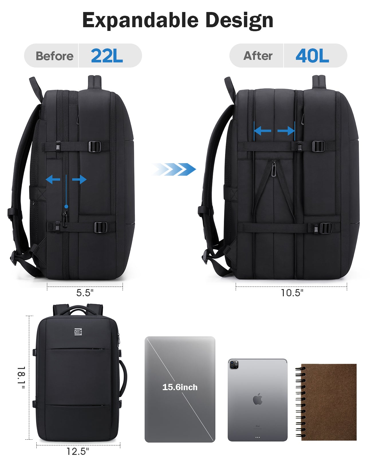 UKEIN 40L Travel Laptop Backpack Expandable Water-resistant 17 Inch Laptop Backpack with USB Charging Port Work Business College Computer Backpack Black Laptop Backpack for Men & Women