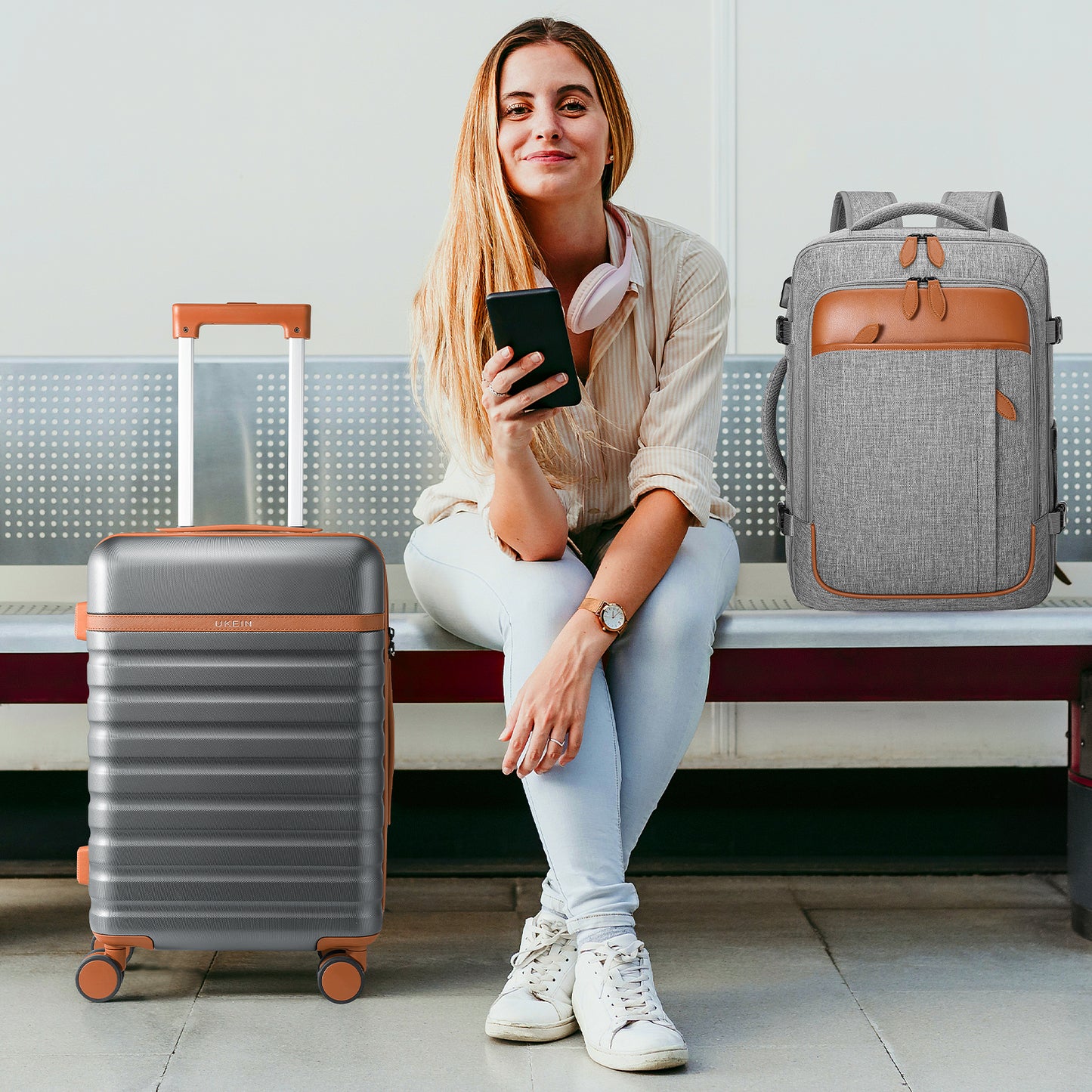 UKEIN Luggage Sets 3 Piece, Carry On Luggage with Wheels, 20 Inch Hardshell Suitcase with TSA Lock, 100% PC Carry On Suitcases Airline Approved With Travel Backpack for Men Women
