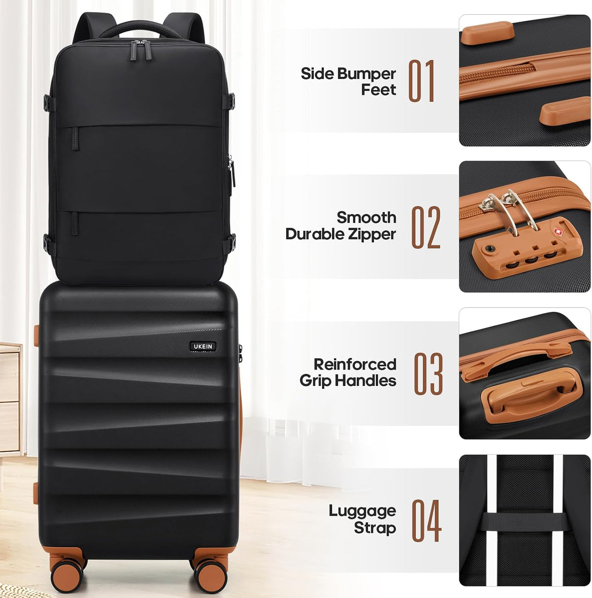 UKEIN Carry on Luggage Airline Approved 100% PC Hard Shell Carry On Suitcase with YKK Zipper Spinner Wheels TSA Lock Carry on with Backpack Set