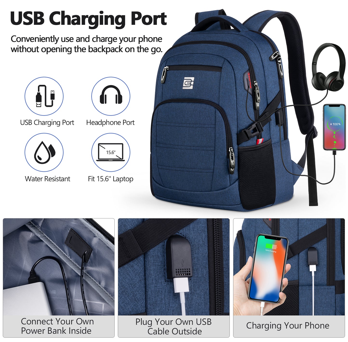 UKEIN Laptop Backpack with USB Charging Port Water Resistant Backpacks for Adults Work Business Laptop Backpack for Men