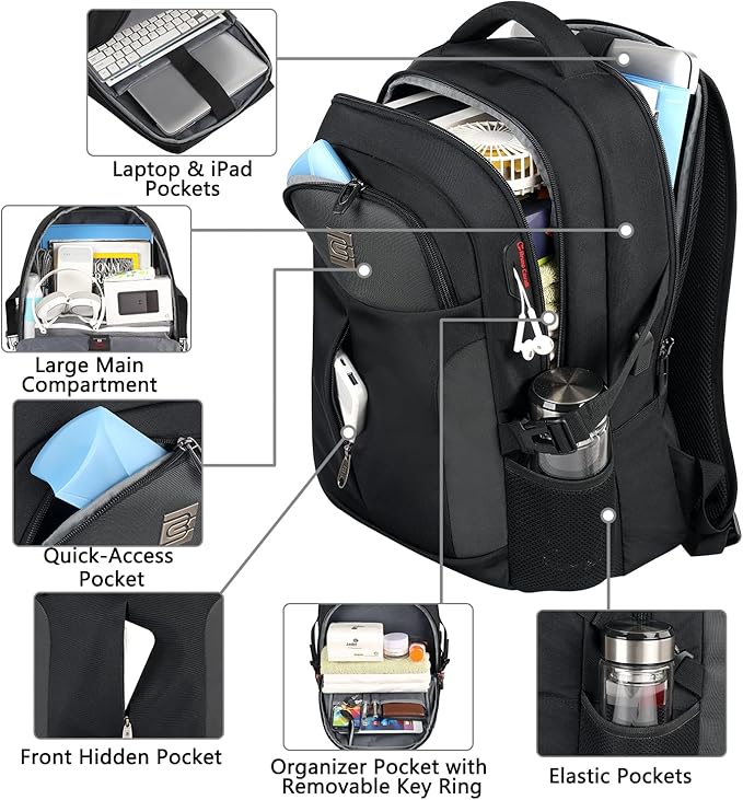 UKEIN Backpack for Adults Black Backpack with USB Charging Port Laptop Backpack Water Resistant Work Business Backpack for Men
