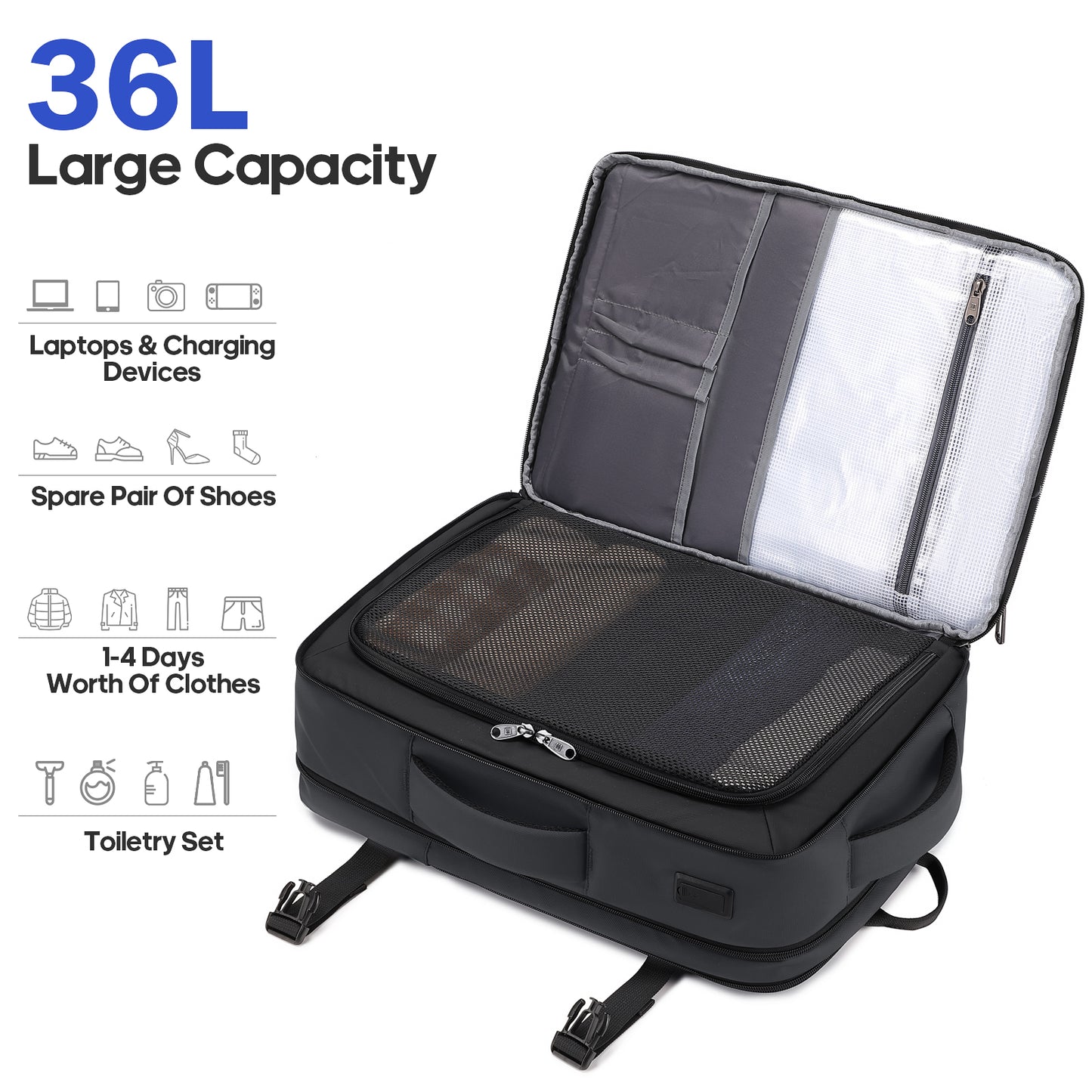 UKEIN Travel Backpack for Adults with USB Charging Port 36L Expandable Carry On Backpack Water-resistant Business Travel Backpack for Men