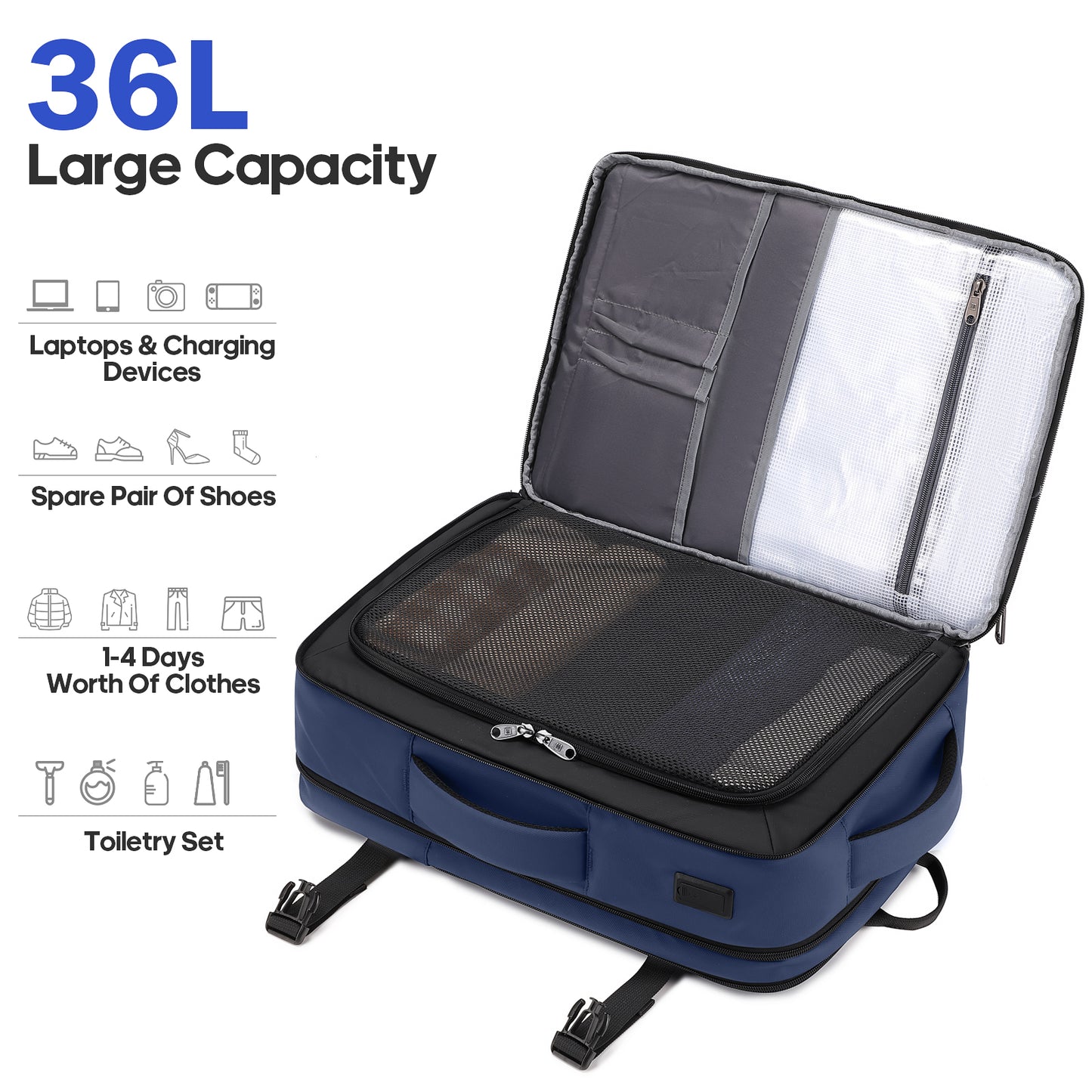UKEIN Travel Backpack for Adults with USB Charging Port 36L Expandable Carry On Backpack Water-resistant Business Travel Backpack for Men