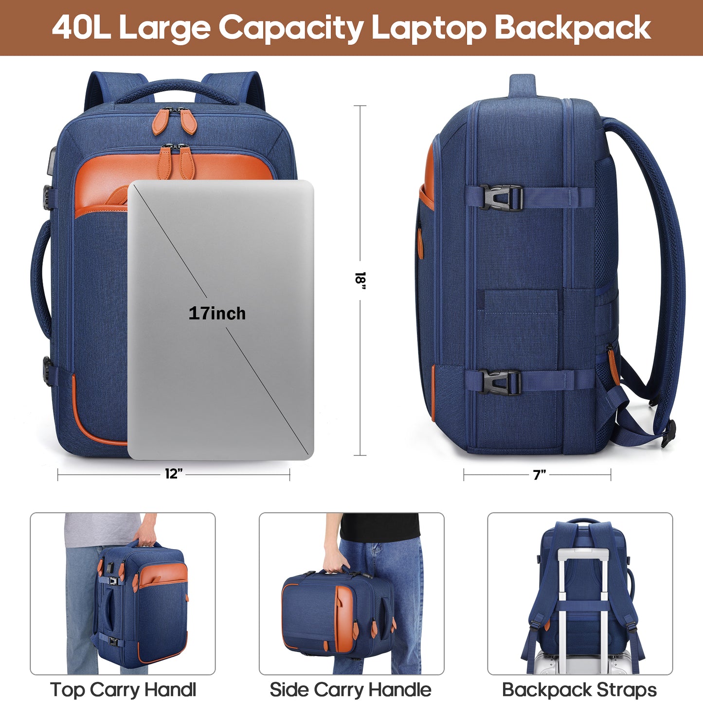UKEIN Travel Backpack for Women Carry On Backpack Flight Approved 40L Waterproof Anti-Theft Personal Item Backpack with Packing Cubes and Shoe Pocket
