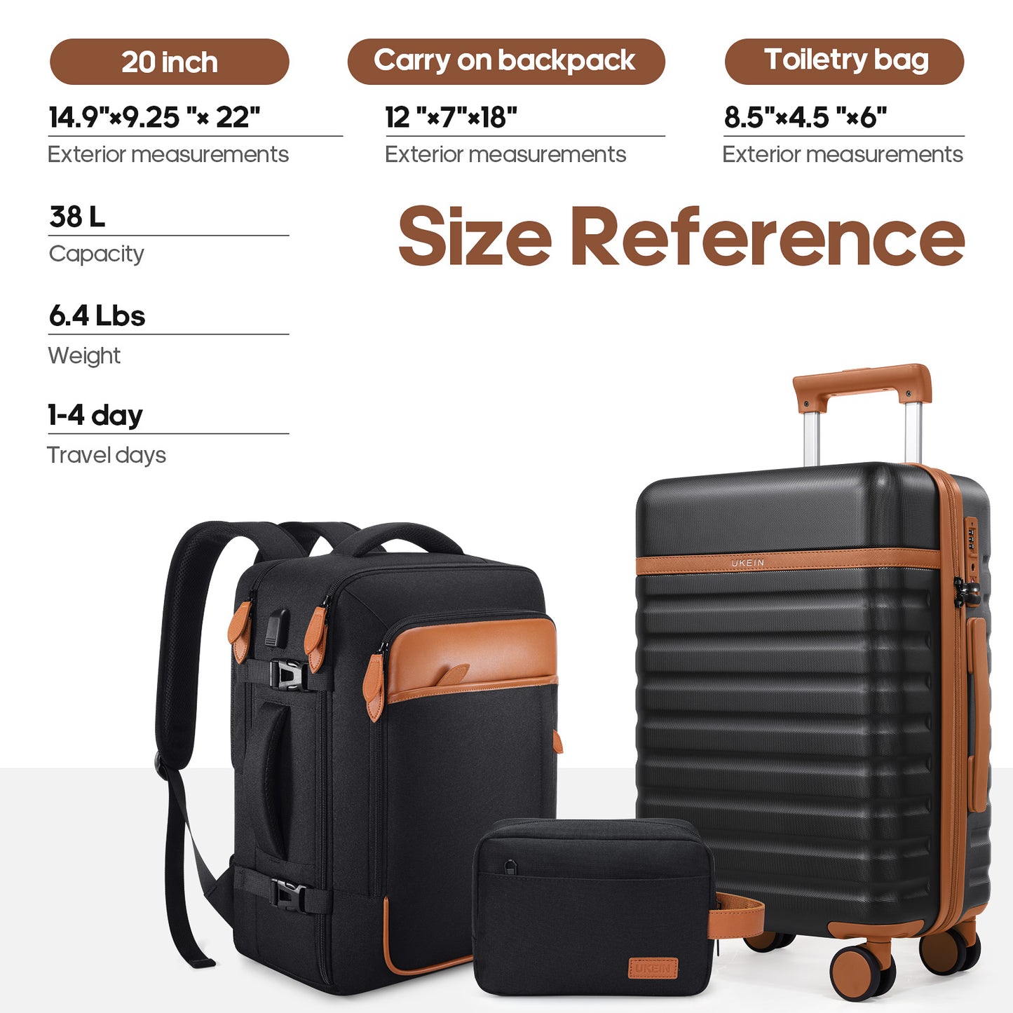 UKEIN Luggage Sets 3 Piece, Carry On Luggage with Wheels, 20 Inch Hardshell Suitcase with TSA Lock, 100% PC Carry On Suitcases Airline Approved With Travel Backpack for Men Women