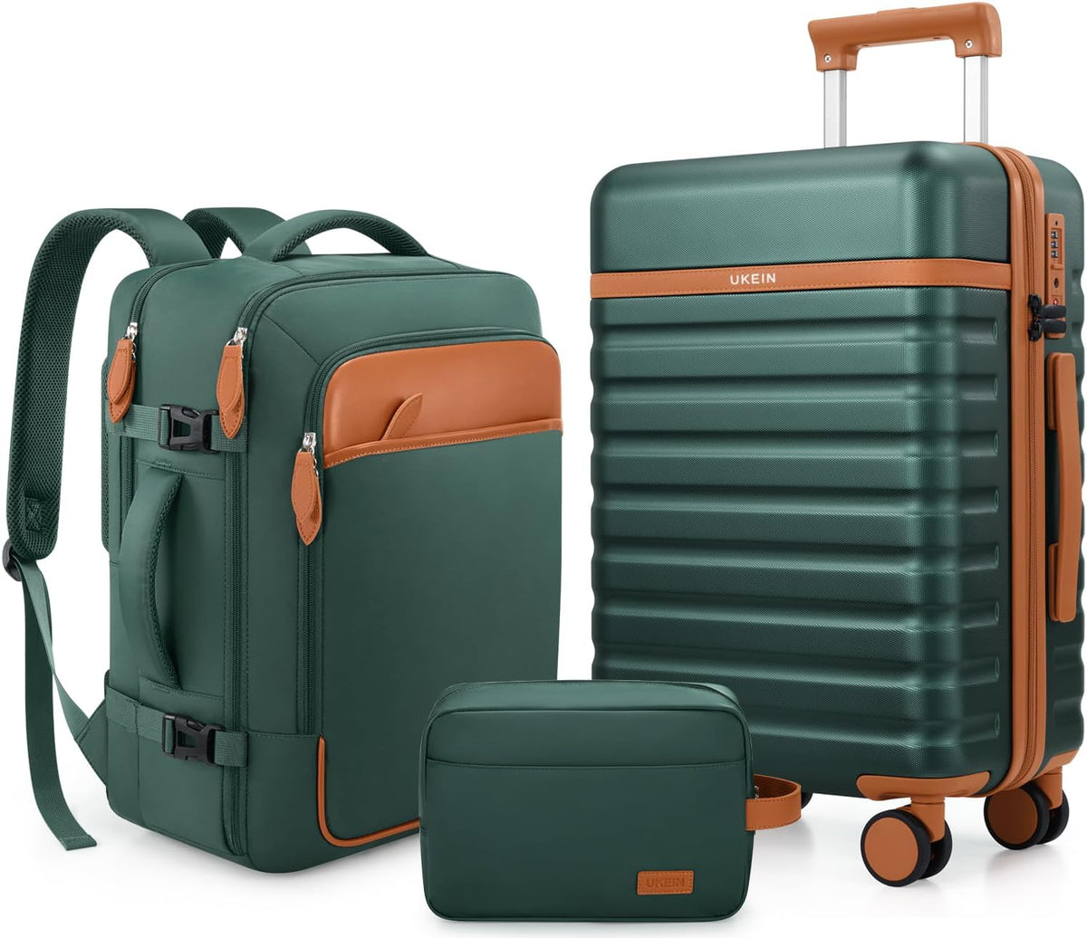 UKEIN Luggage Sets 3 Piece, Carry On Luggage with Wheels, 20 Inch Hardshell Suitcase with TSA Lock, 100% PC Carry On Suitcases Airline Approved With Travel Backpack for Men Women