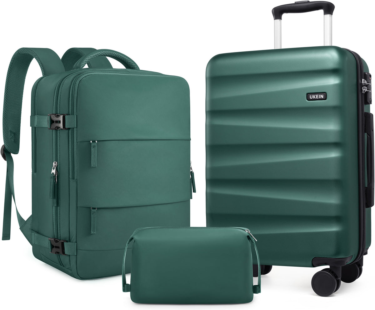 UKEIN Carry on Luggage Airline Approved 100% PC Hard Shell Carry On Suitcase with YKK Zipper Spinner Wheels TSA Lock Carry on with Backpack Set