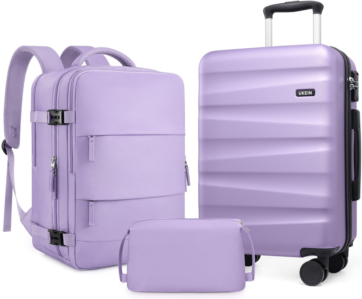 UKEIN Carry on Luggage Airline Approved 100% PC Hard Shell Carry On Suitcase with YKK Zipper Spinner Wheels TSA Lock Carry on with Backpack Set