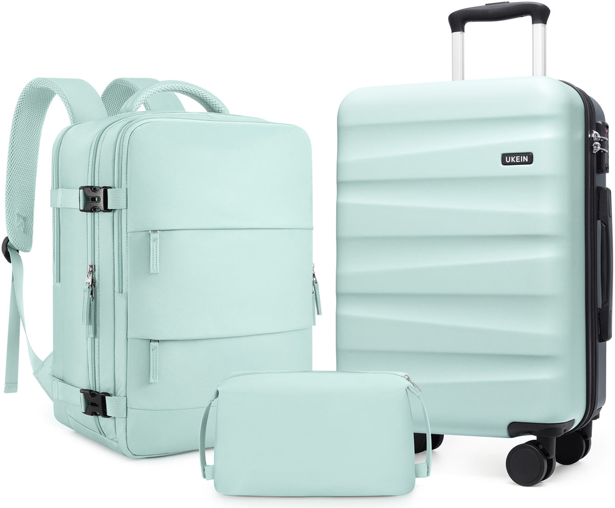 UKEIN Carry on Luggage Airline Approved 100% PC Hard Shell Carry On Suitcase with YKK Zipper Spinner Wheels TSA Lock Carry on with Backpack Set