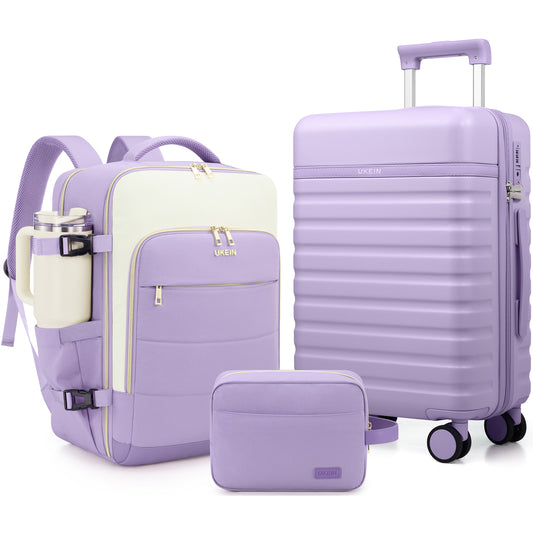 UKEIN Carry On Luggage Airline Approved, 100% PC Luggage Sets with YKK Zipper Spinner Wheels, 20 Inch Carry On Suitcases with Backpack for Men Women