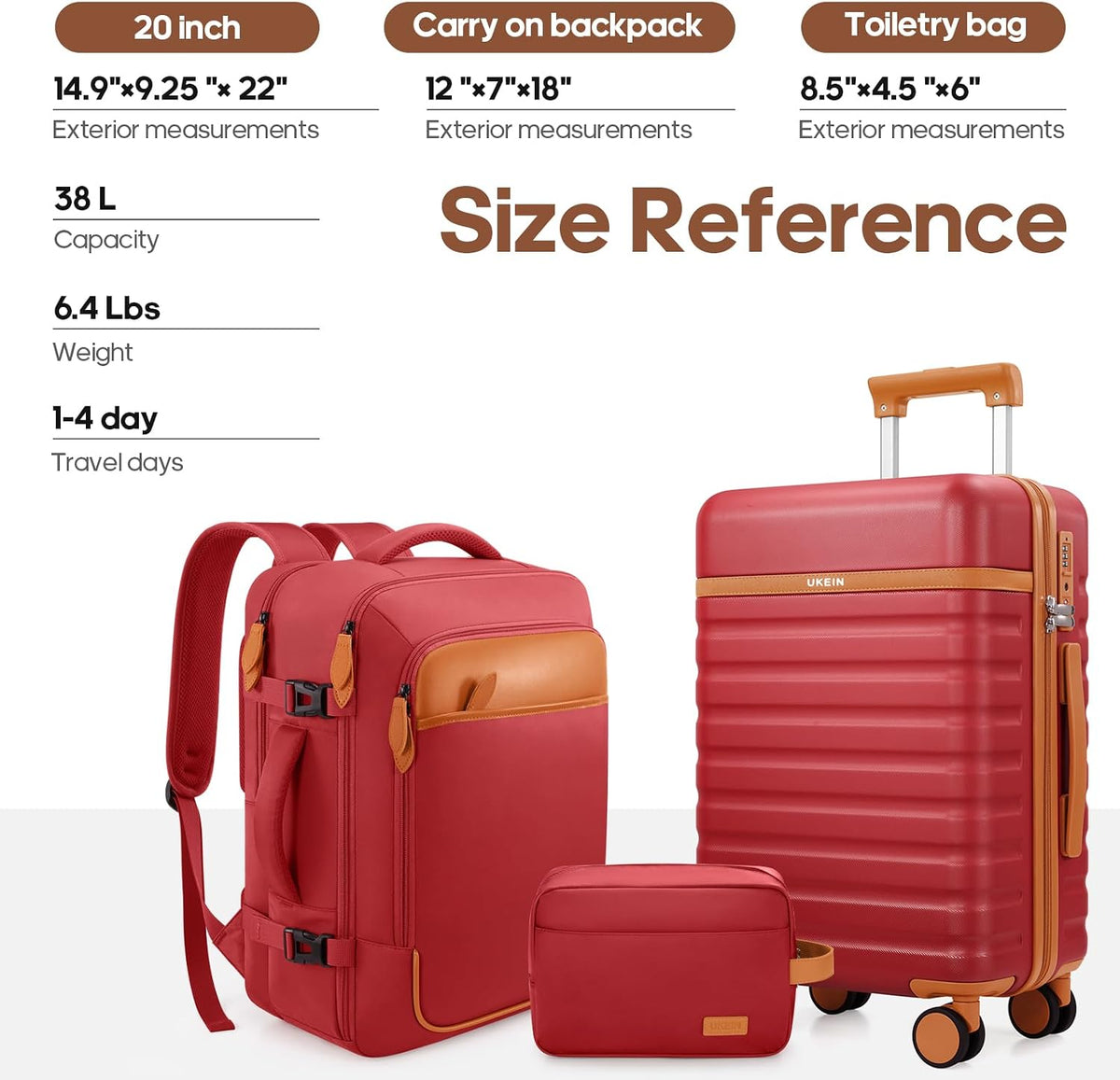 UKEIN Luggage Sets 3 Piece, Carry On Luggage with Wheels, 20 Inch Hardshell Suitcase with TSA Lock, 100% PC Carry On Suitcases Airline Approved With Travel Backpack for Men Women