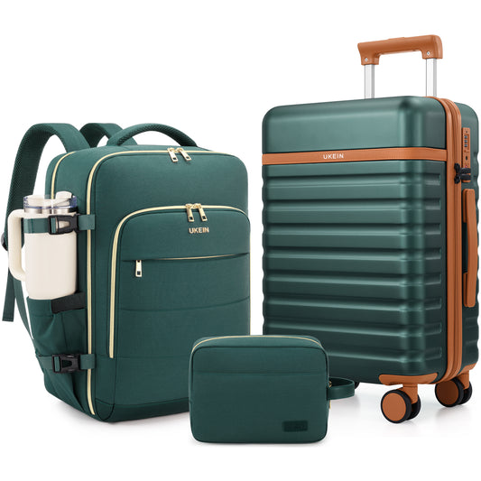 UKEIN Carry On Luggage Airline Approved, 100% PC Luggage Sets with YKK Zipper Spinner Wheels, 20 Inch Carry On Suitcases with Backpack for Men Women