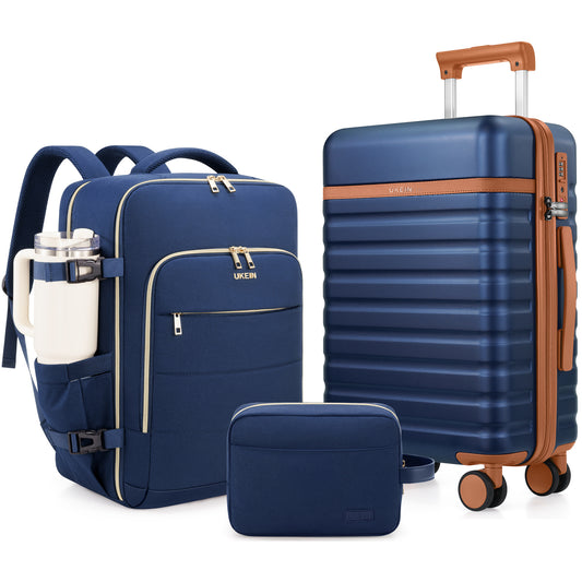 UKEIN Carry On Luggage Airline Approved, 100% PC Luggage Sets with YKK Zipper Spinner Wheels, 20 Inch Carry On Suitcases with Backpack for Men Women