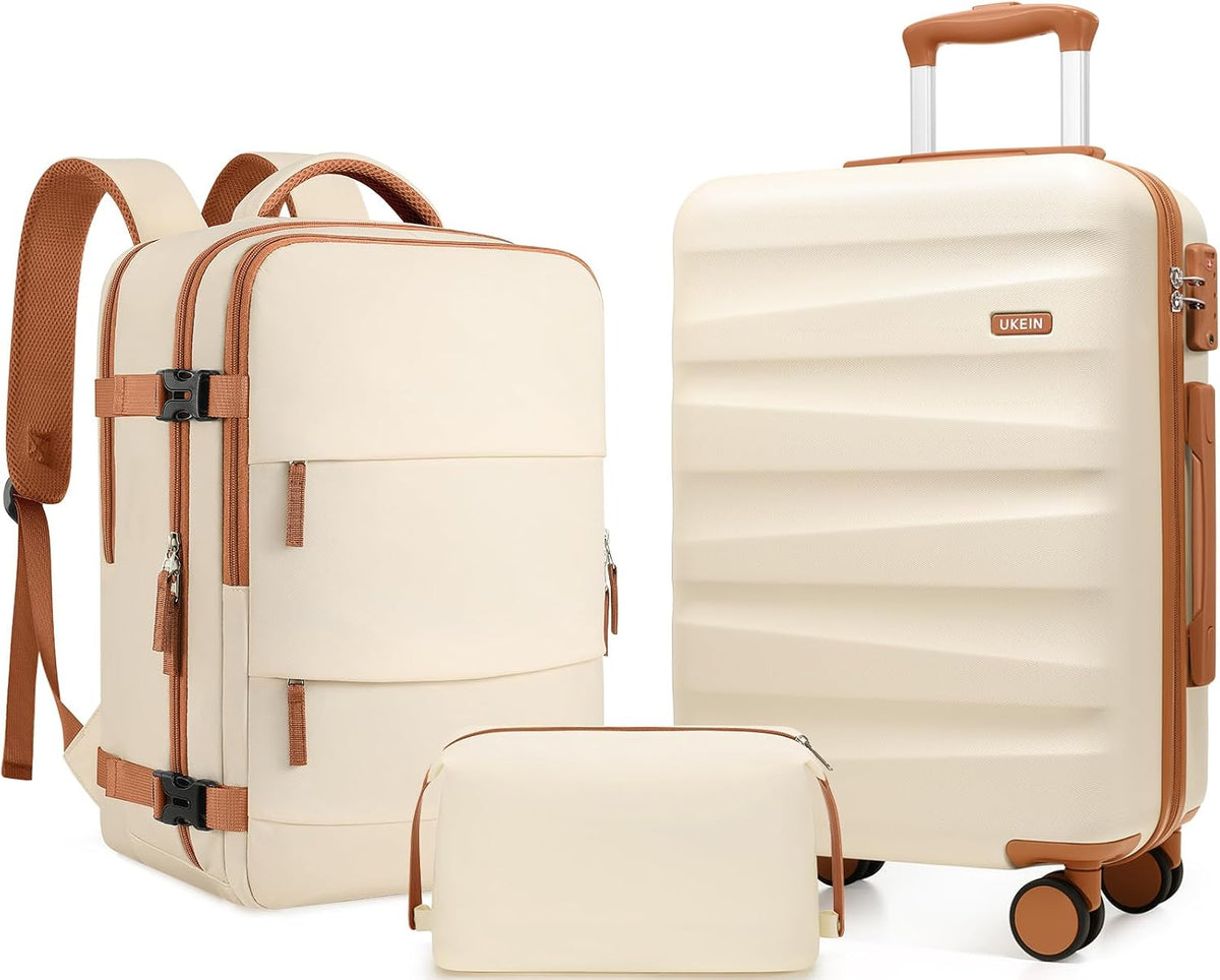 UKEIN Carry on Luggage Airline Approved 100% PC Hard Shell Carry On Suitcase with YKK Zipper Spinner Wheels TSA Lock Carry on with Backpack Set