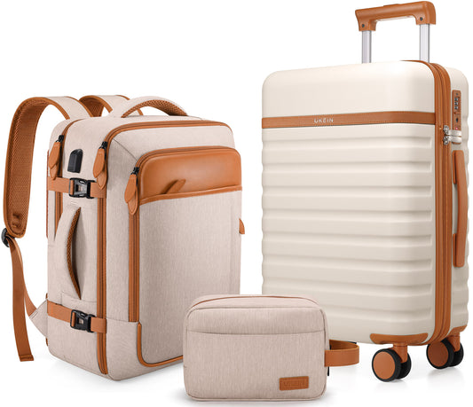 UKEIN Luggage Sets 3 Piece, Carry On Luggage with Wheels, 20 Inch Hardshell Suitcase with TSA Lock, 100% PC Carry On Suitcases Airline Approved With Travel Backpack for Men Women
