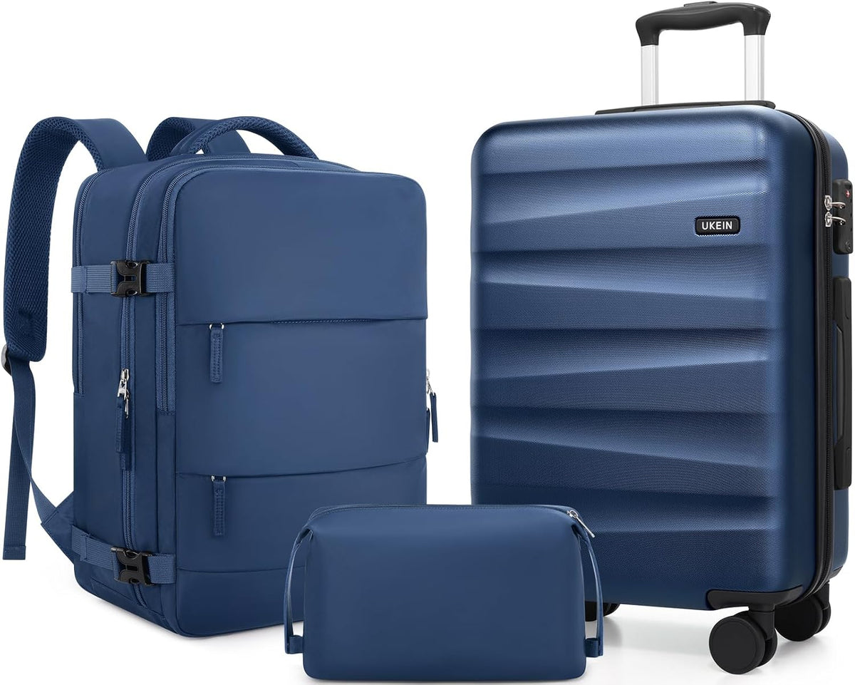 UKEIN Carry on Luggage Airline Approved 100% PC Hard Shell Carry On Suitcase with YKK Zipper Spinner Wheels TSA Lock Carry on with Backpack Set