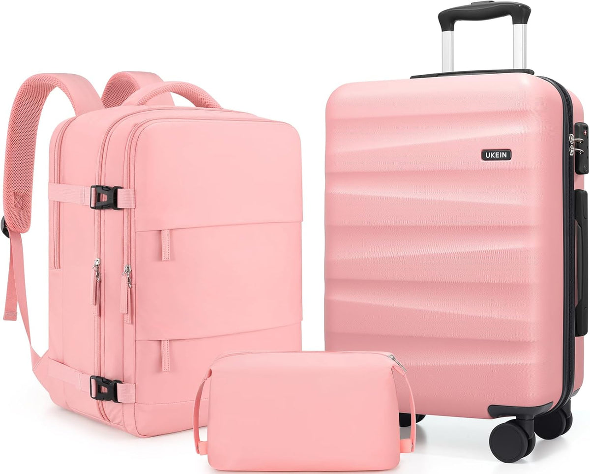 UKEIN Carry on Luggage Airline Approved 100% PC Hard Shell Carry On Suitcase with YKK Zipper Spinner Wheels TSA Lock Carry on with Backpack Set