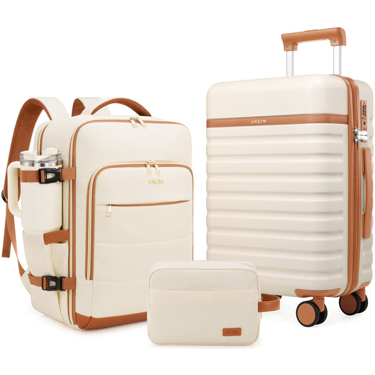 UKEIN Carry On Luggage Airline Approved, 100% PC Luggage Sets with YKK Zipper Spinner Wheels, 20 Inch Carry On Suitcases with Backpack for Men Women