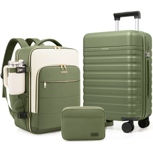UKEIN Carry On Luggage Airline Approved, 100% PC Luggage Sets with YKK Zipper Spinner Wheels, 20 Inch Carry On Suitcases with Backpack for Men Women