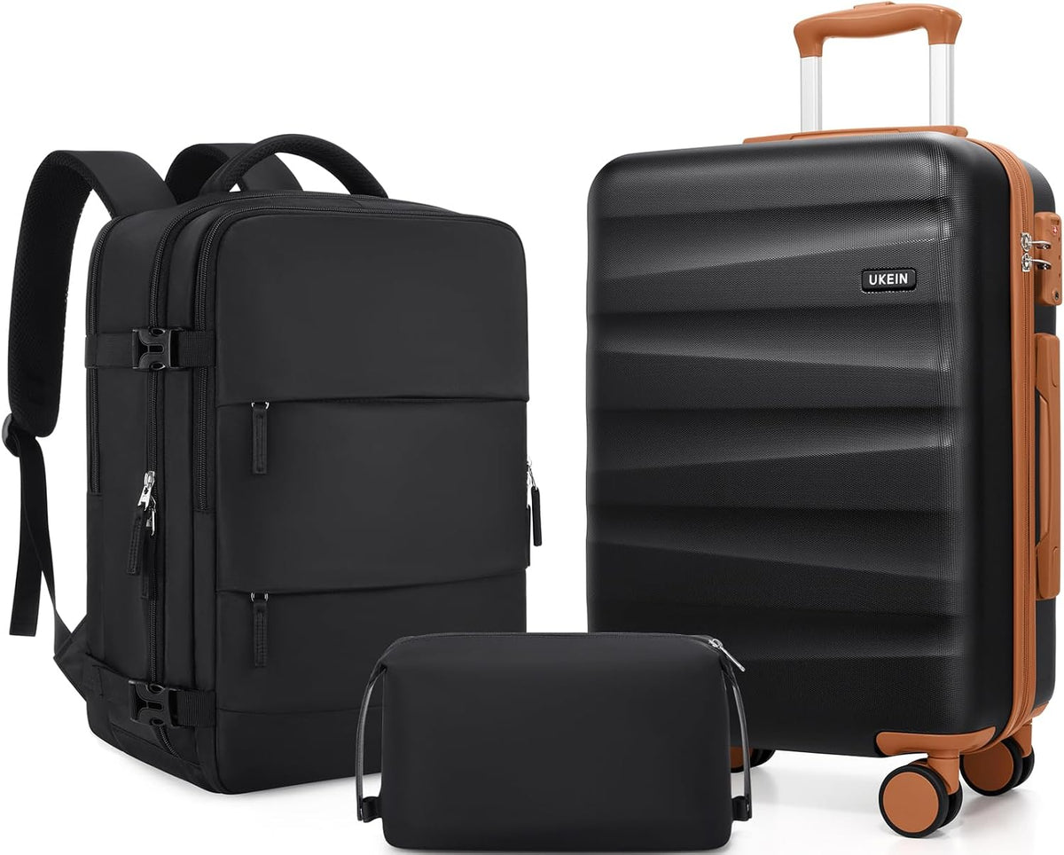 UKEIN Carry on Luggage Airline Approved 100% PC Hard Shell Carry On Suitcase with YKK Zipper Spinner Wheels TSA Lock Carry on with Backpack Set