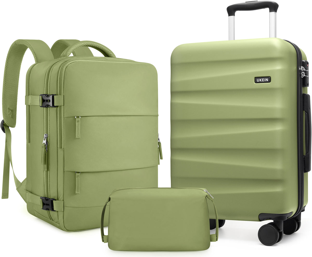 UKEIN Carry on Luggage Airline Approved 100% PC Hard Shell Carry On Suitcase with YKK Zipper Spinner Wheels TSA Lock Carry on with Backpack Set