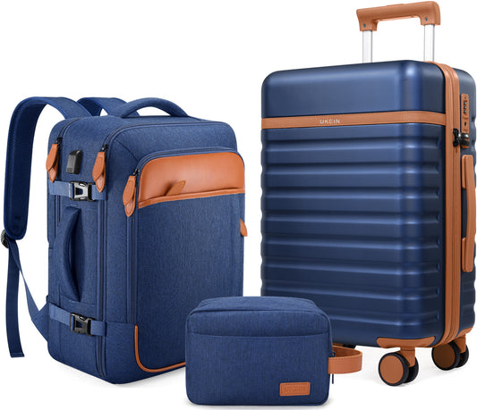 UKEIN Luggage Sets 3 Piece, Carry On Luggage with Wheels, 20 Inch Hardshell Suitcase with TSA Lock, 100% PC Carry On Suitcases Airline Approved With Travel Backpack for Men Women