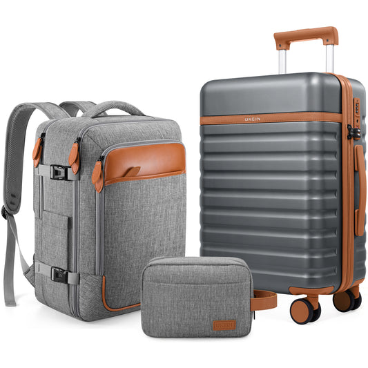 UKEIN Luggage Sets 3 Piece, Carry On Luggage with Wheels, 28 Inch Hardshell Suitcase with TSA Lock, 100% PC Carry On Suitcases Airline Approved With Travel Backpack for Men Women