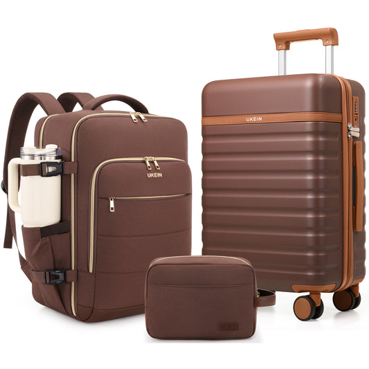 UKEIN Carry On Luggage Airline Approved, 100% PC Luggage Sets with YKK Zipper Spinner Wheels, 20 Inch Carry On Suitcases with Backpack for Men Women
