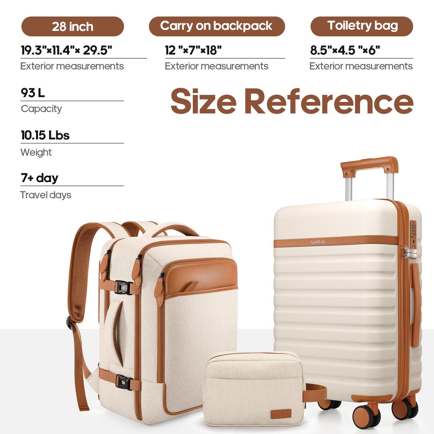 UKEIN Luggage Sets 3 Piece, Carry On Luggage with Wheels, 28 Inch Hardshell Suitcase with TSA Lock, 100% PC Carry On Suitcases Airline Approved With Travel Backpack for Men Women