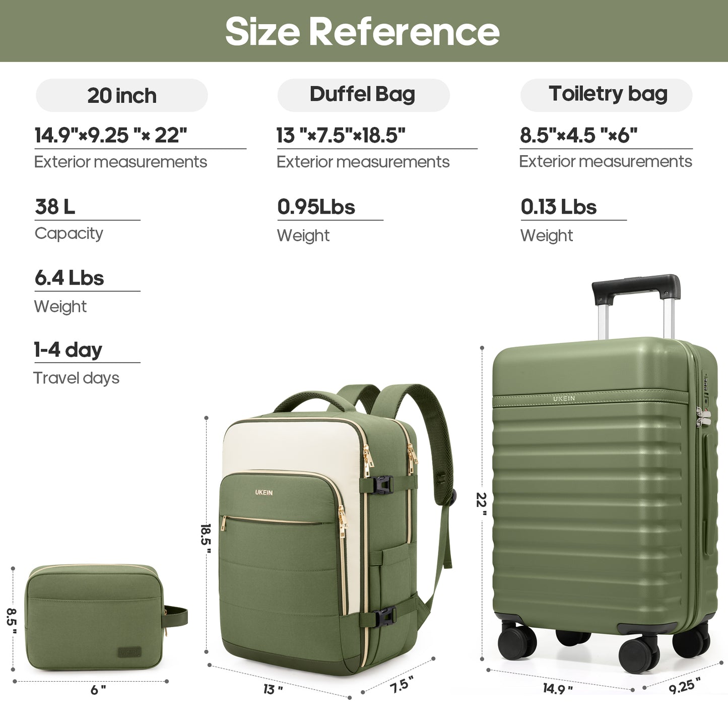 UKEIN Carry On Luggage Airline Approved, 100% PC Luggage Sets with YKK Zipper Spinner Wheels, 20 Inch Carry On Suitcases with Backpack for Men Women