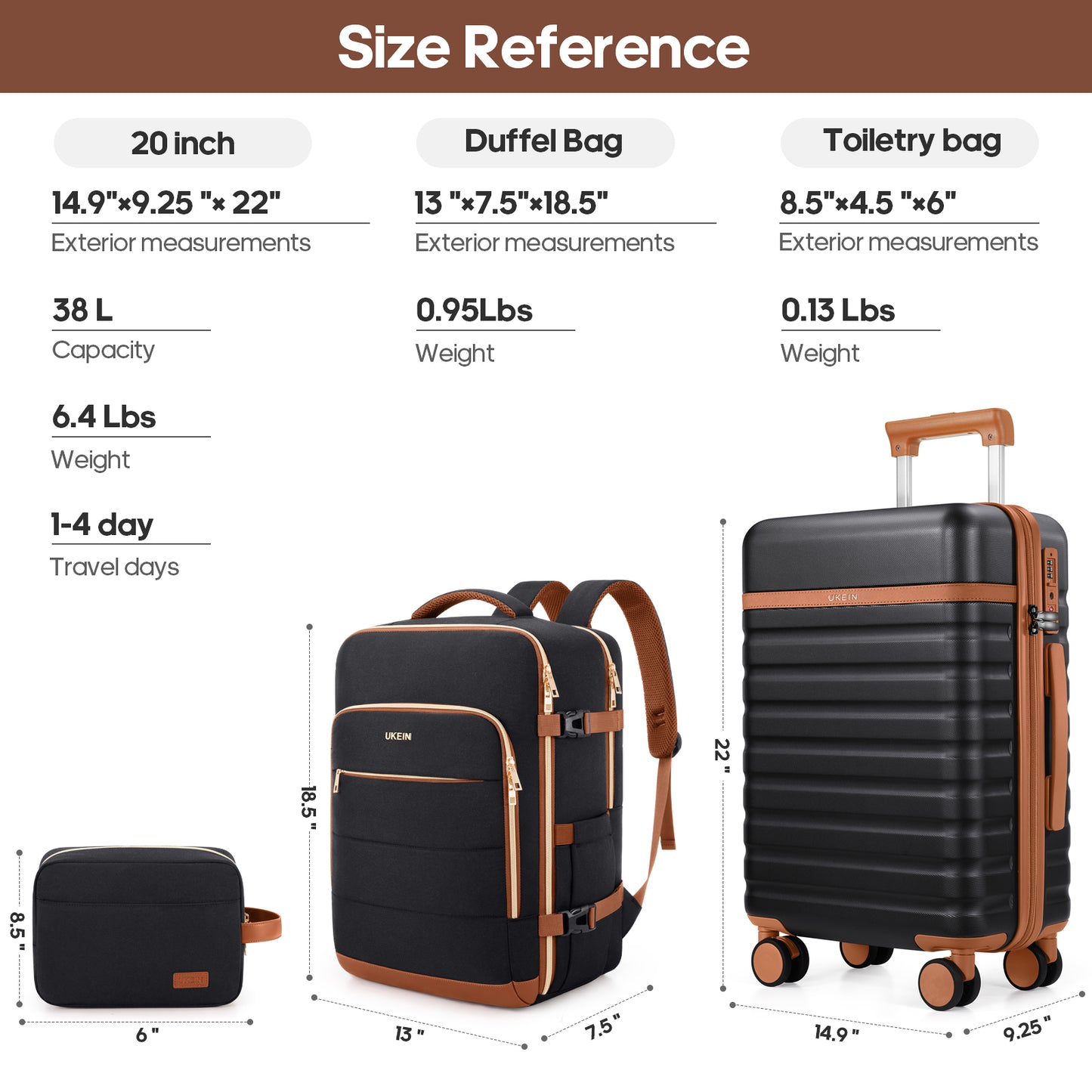 UKEIN Carry On Luggage Airline Approved, 100% PC Luggage Sets with YKK Zipper Spinner Wheels, 20 Inch Carry On Suitcases with Backpack for Men Women